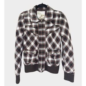 True Vintage Y2K Plaid Bomber Jacket Medium Brown Lined Retro 90s Preppy Grunge